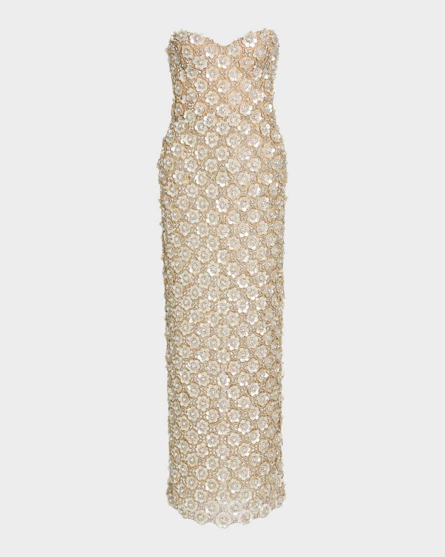 Oscar de la Renta Sweetheart Strapless Pearly Embroidered Column