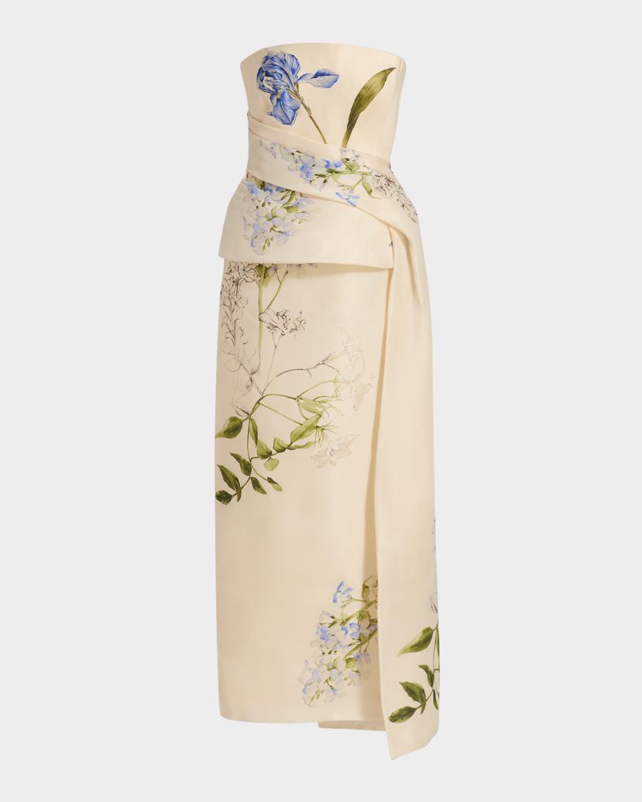 Iris Gazar Silk Strapless Peplum Drape Ankle Gown