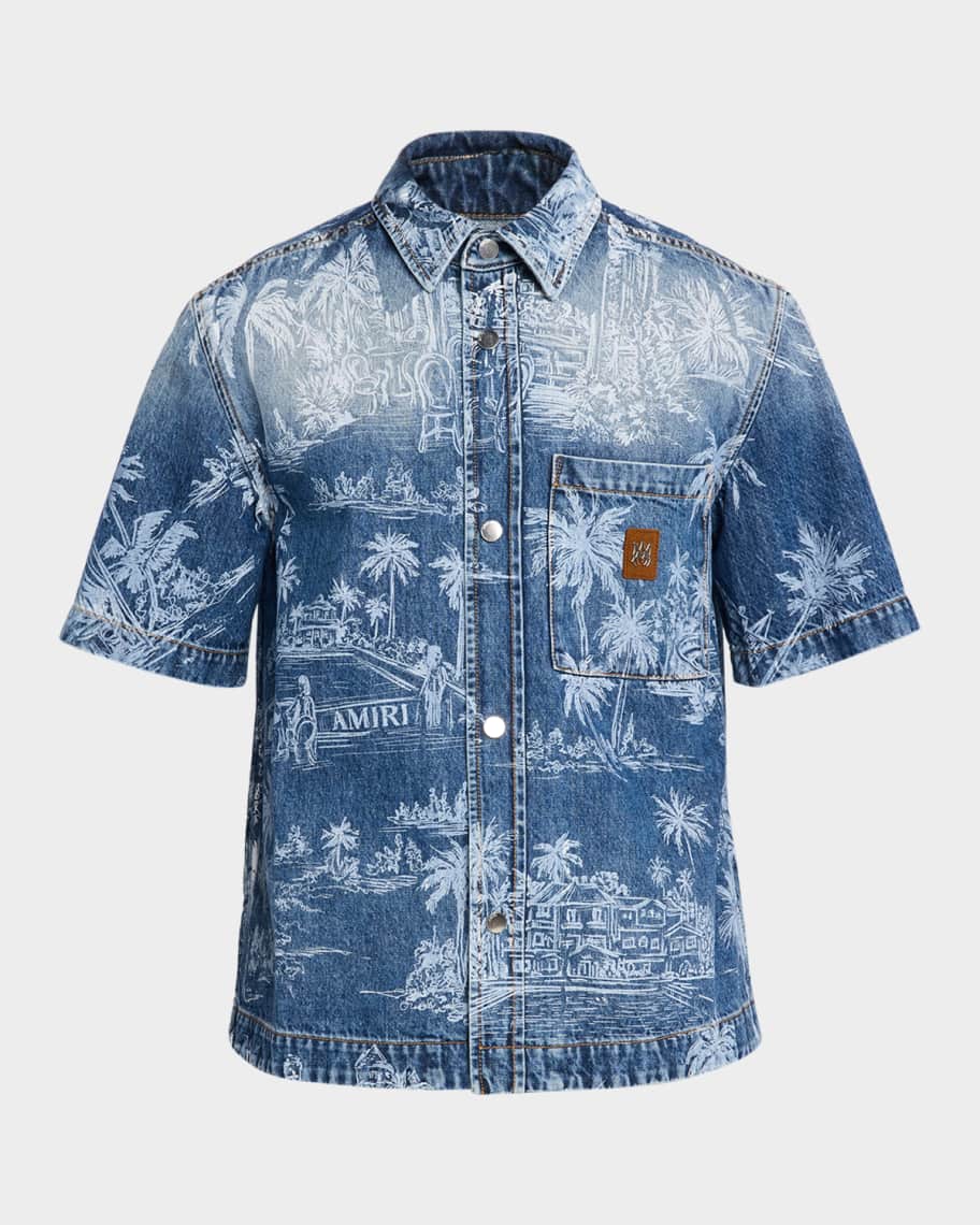Amiri Men's Chateau Palms Denim Short-Sleeve Shirt | Neiman Marcus