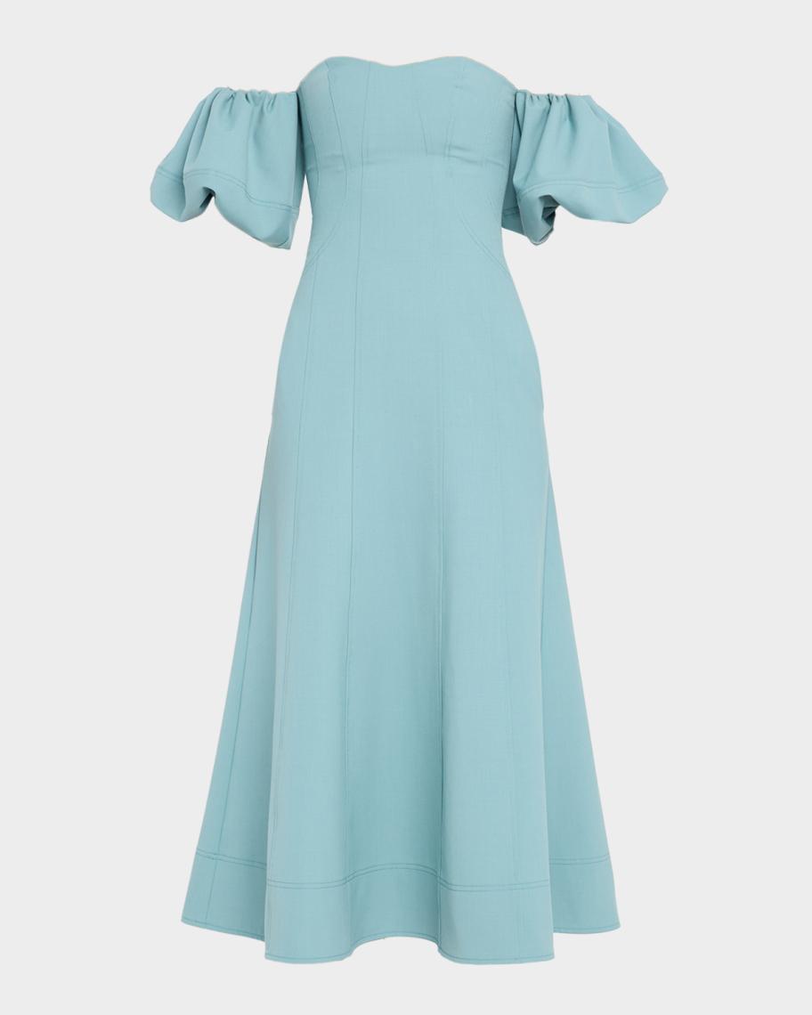 zurina off shoulder puff sleeve midi dress Zurina Off Shoulder Puff Sleeve Midi Dress