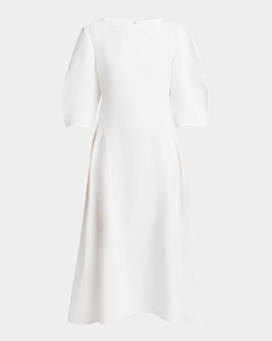 Jil Sander Square-Neck Puff-Sleeve Linen Midi Dress | Neiman Marcus