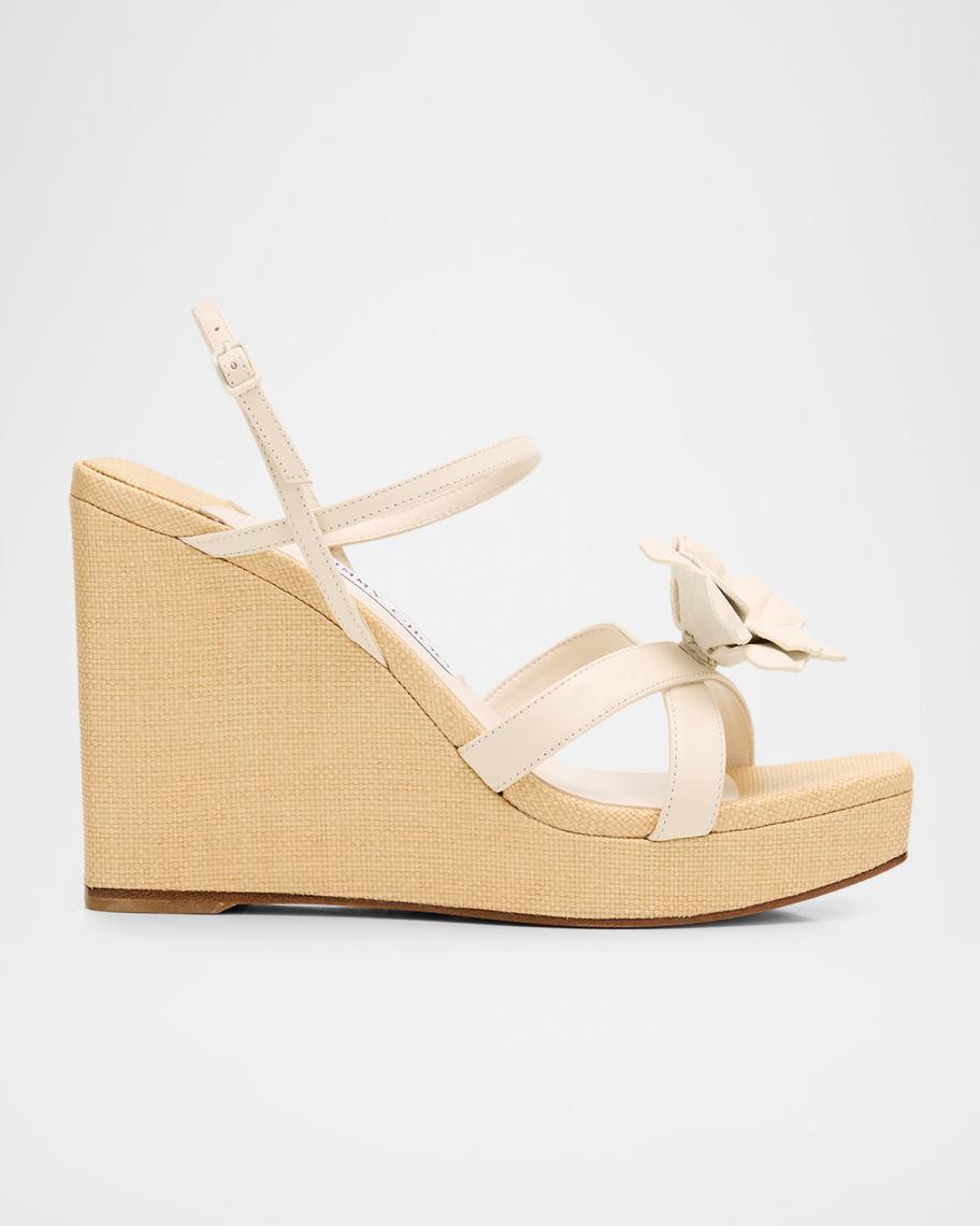 Jimmy Choo 110mm Elsy Flower Leather Wedge Sandals | Neiman Marcus