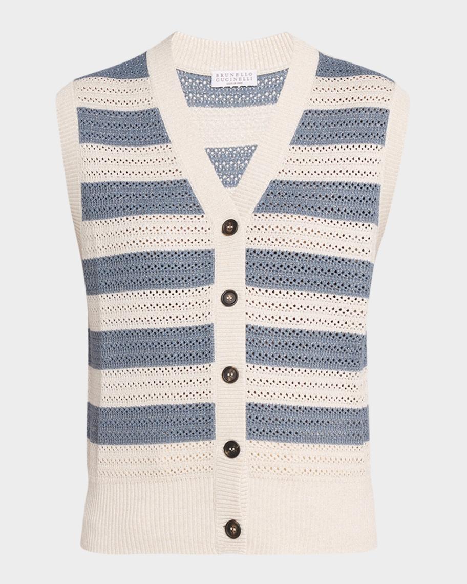 Brunello Cucinelli Sparkling Striped Crochet Knit Vest | Neiman Marcus