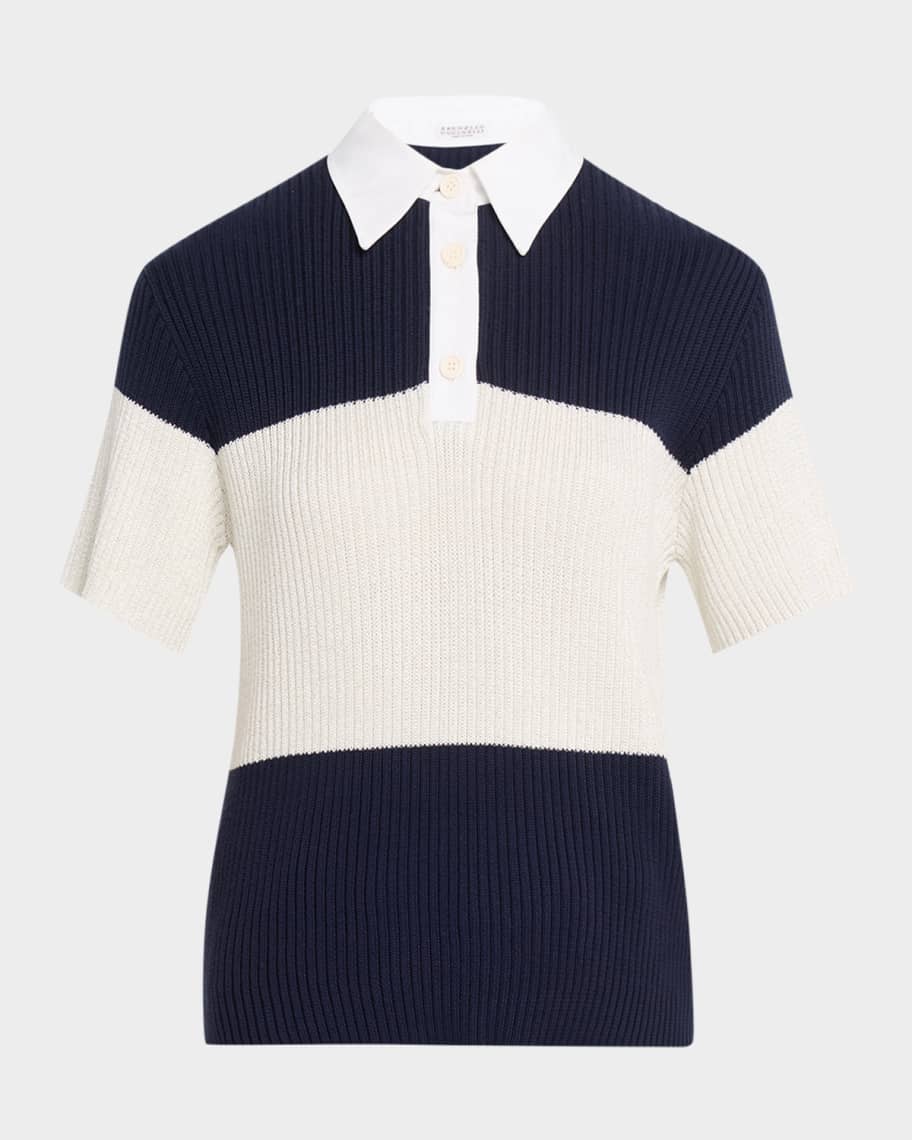 Brunello Cucinelli ストライプポロシャツ Brunello Cucinelli Shimmering Striped Cotton Rib Short-Sleeve Polo