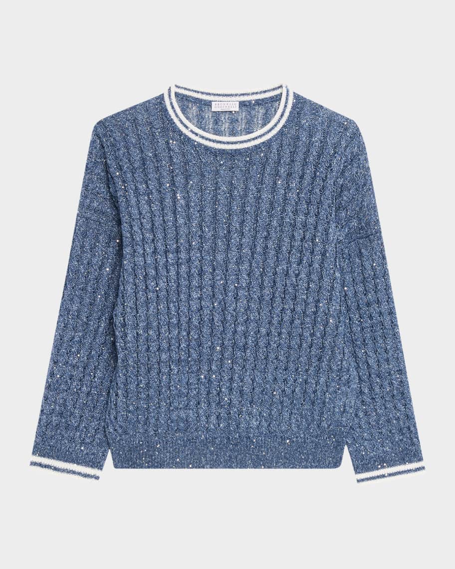 Brunello Cucinelli Linen Dazzling Cable Openwork Knit Crewneck