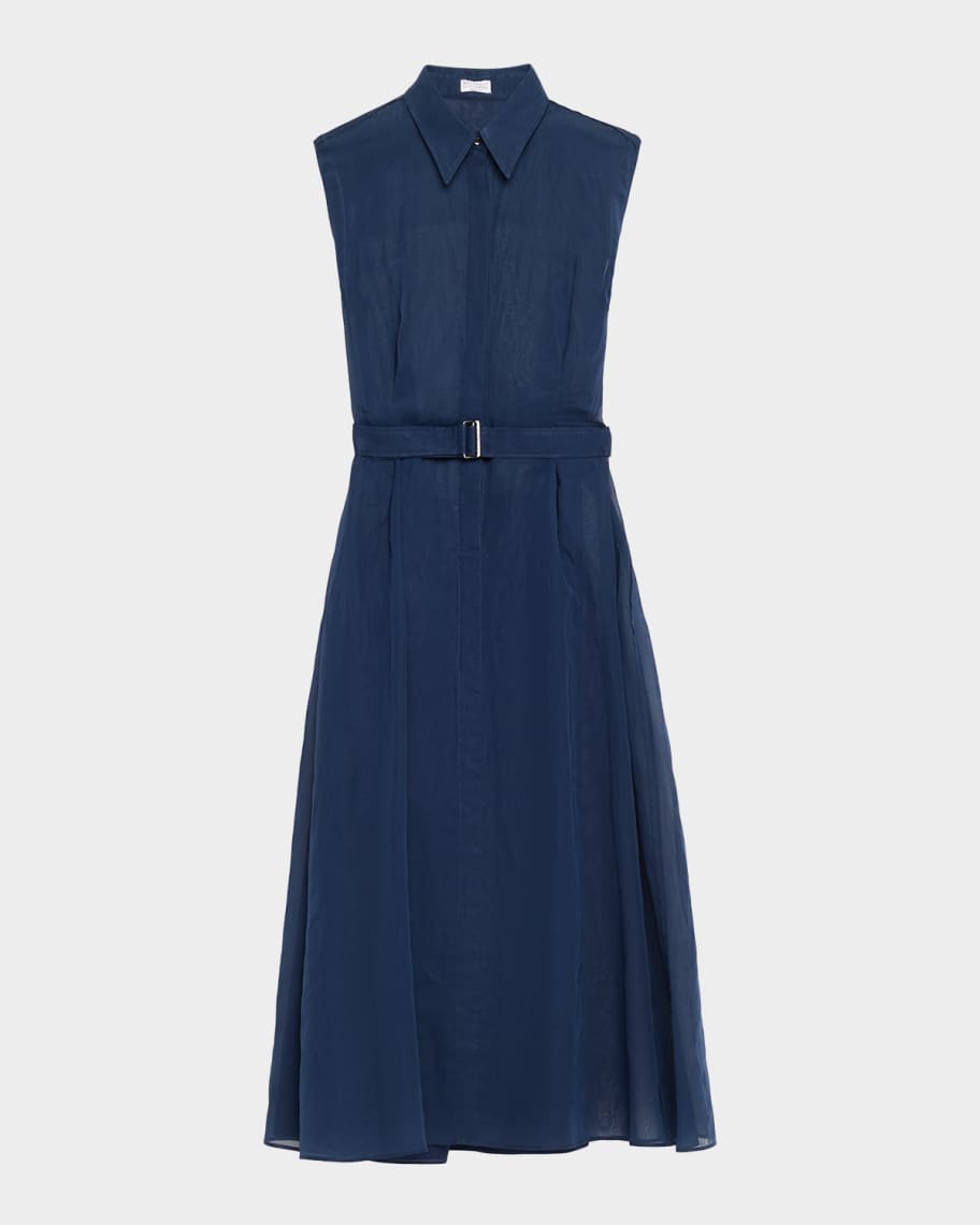 Brunello Cucinelli Sleeveless Sheer Cotton Organza Belted Midi