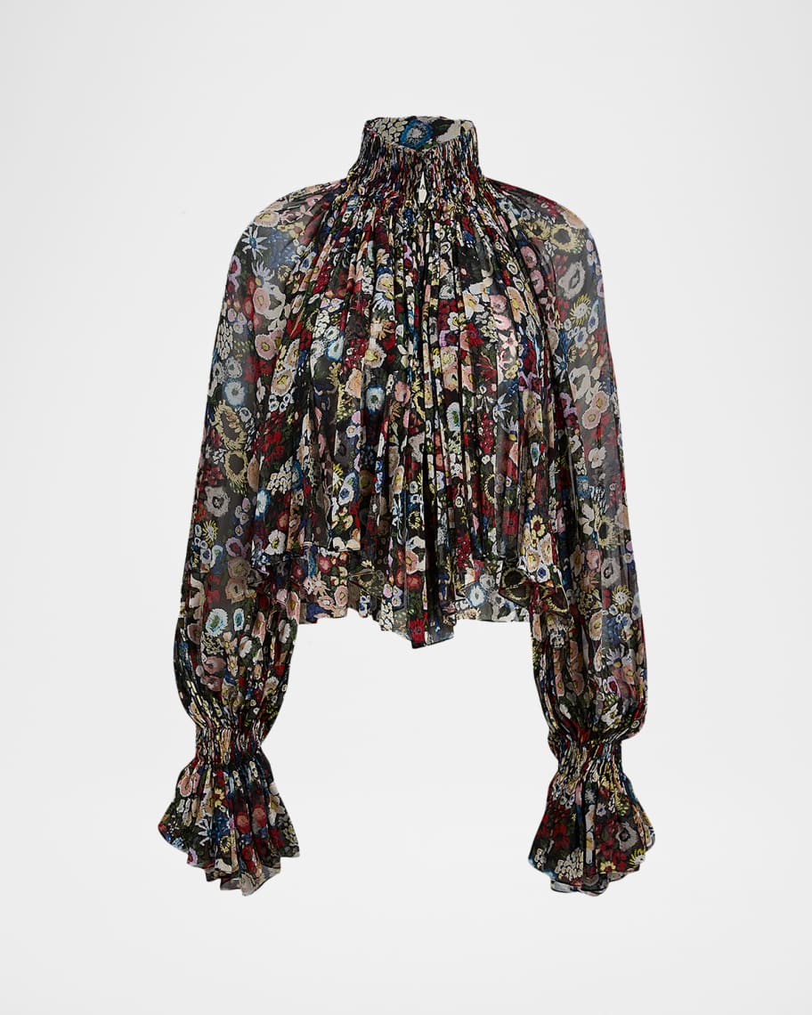 Khaite Durer Floral Silk Balloon-Sleeve Peasant Top | Neiman Marcus