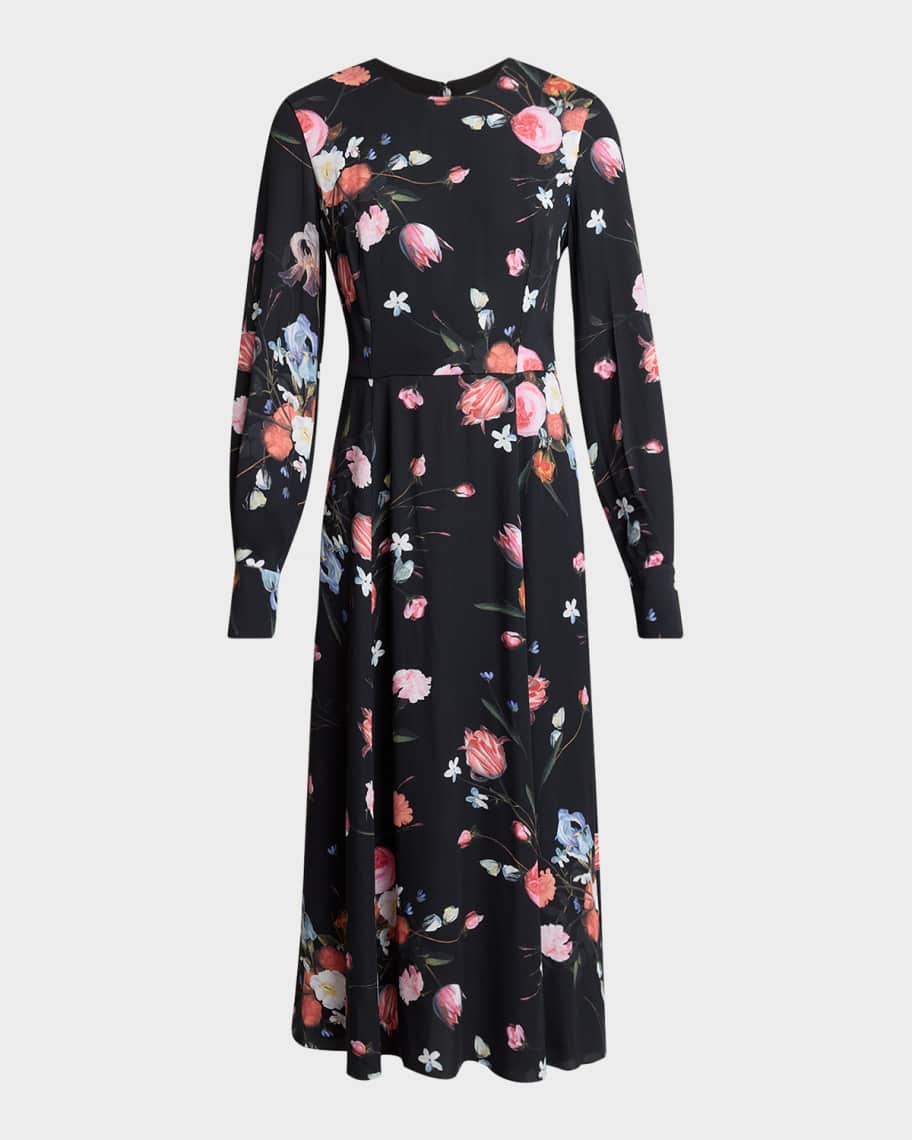 Erdem Floral-Print Long-Sleeve Midi Dress | Neiman Marcus