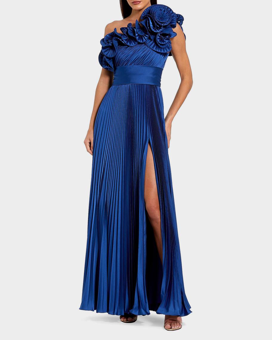 Mac Duggal One-Shoulder Pleated Charmeuse Ruffle Gown | Neiman Marcus