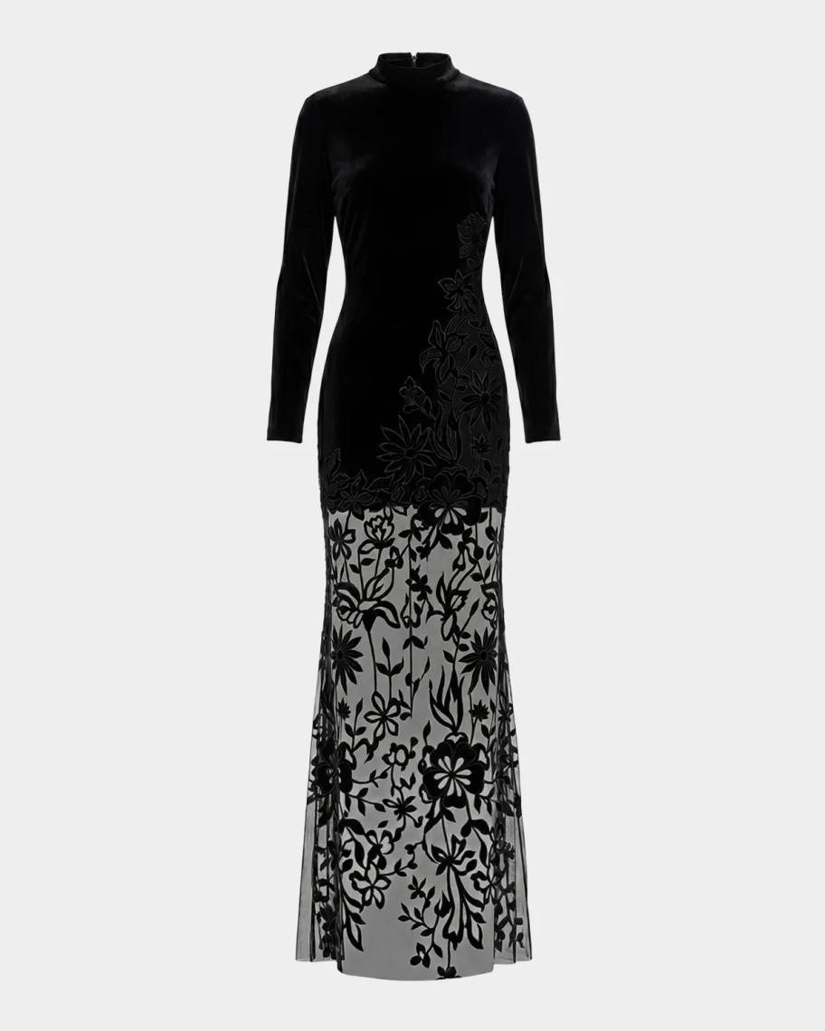 mac duggal black embellished floral long sleeve dress Mixed-Media Long-Sleeve Gown the Ieena Duggal 20756 Orange Tag Luanna | Black Satin Size:24m