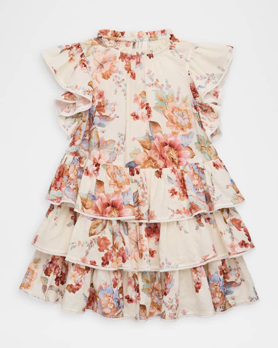 Zimmermann-Girls Ivory & Pink Floral Tiered Dress