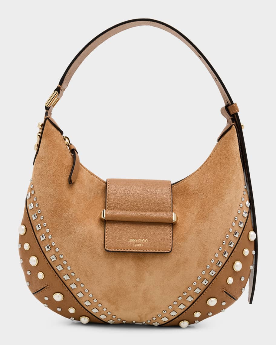 Jimmy Choo Bar Studded Small Suede & Leather Hobo Bag | Neiman Marcus