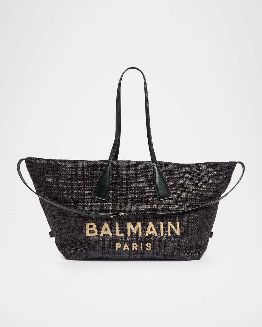Balmain Track Logo-Embroidered Tote Bag in Raffia | Neiman Marcus