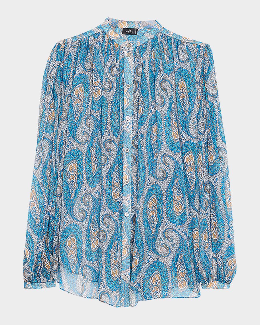 Etro Pleated Paisley Silk Button-Down Blouse | Neiman Marcus