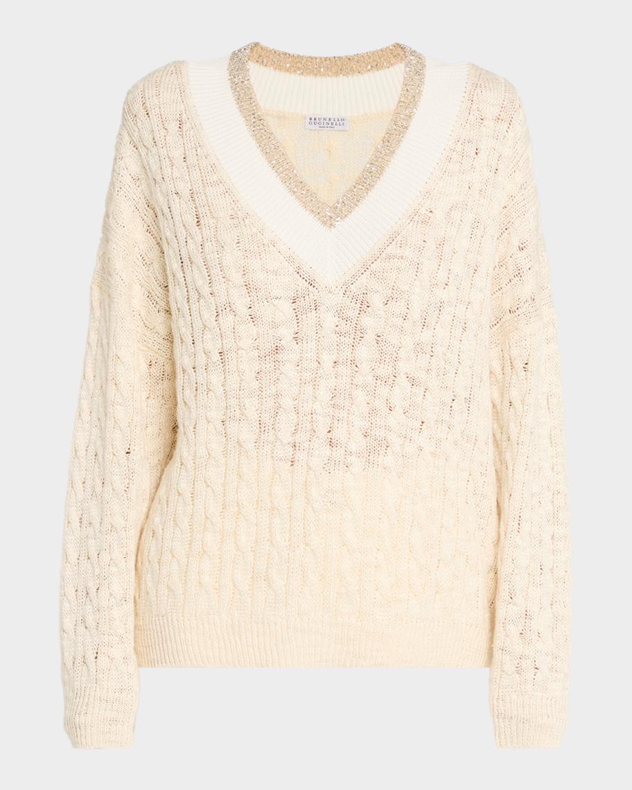 Brunello Cucinelli Oversized Sequin Cable-Knit Sweater | Neiman Marcus