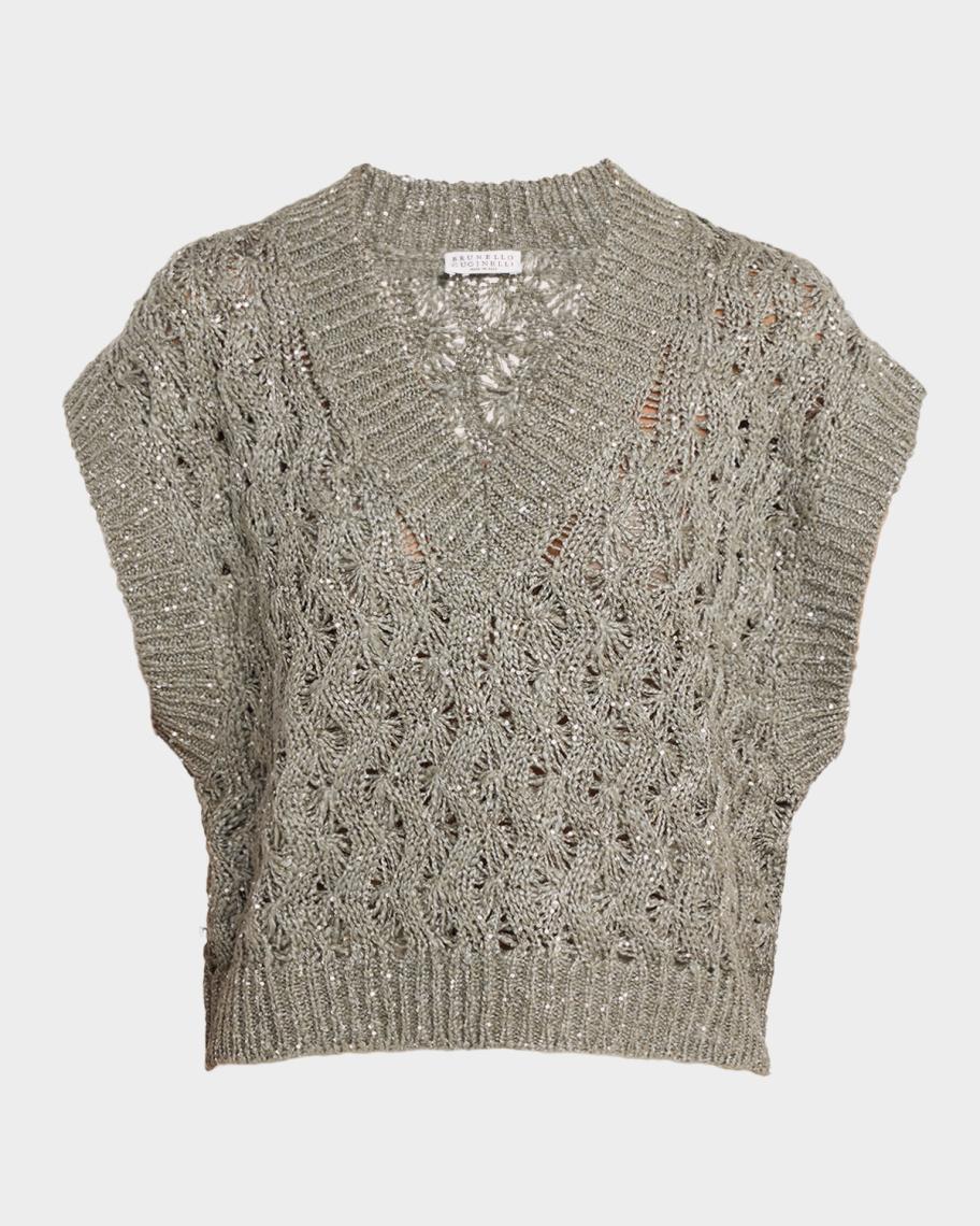 Brunello Cucinelli V-Neck Paillette Open-Knit Vest | Neiman Marcus