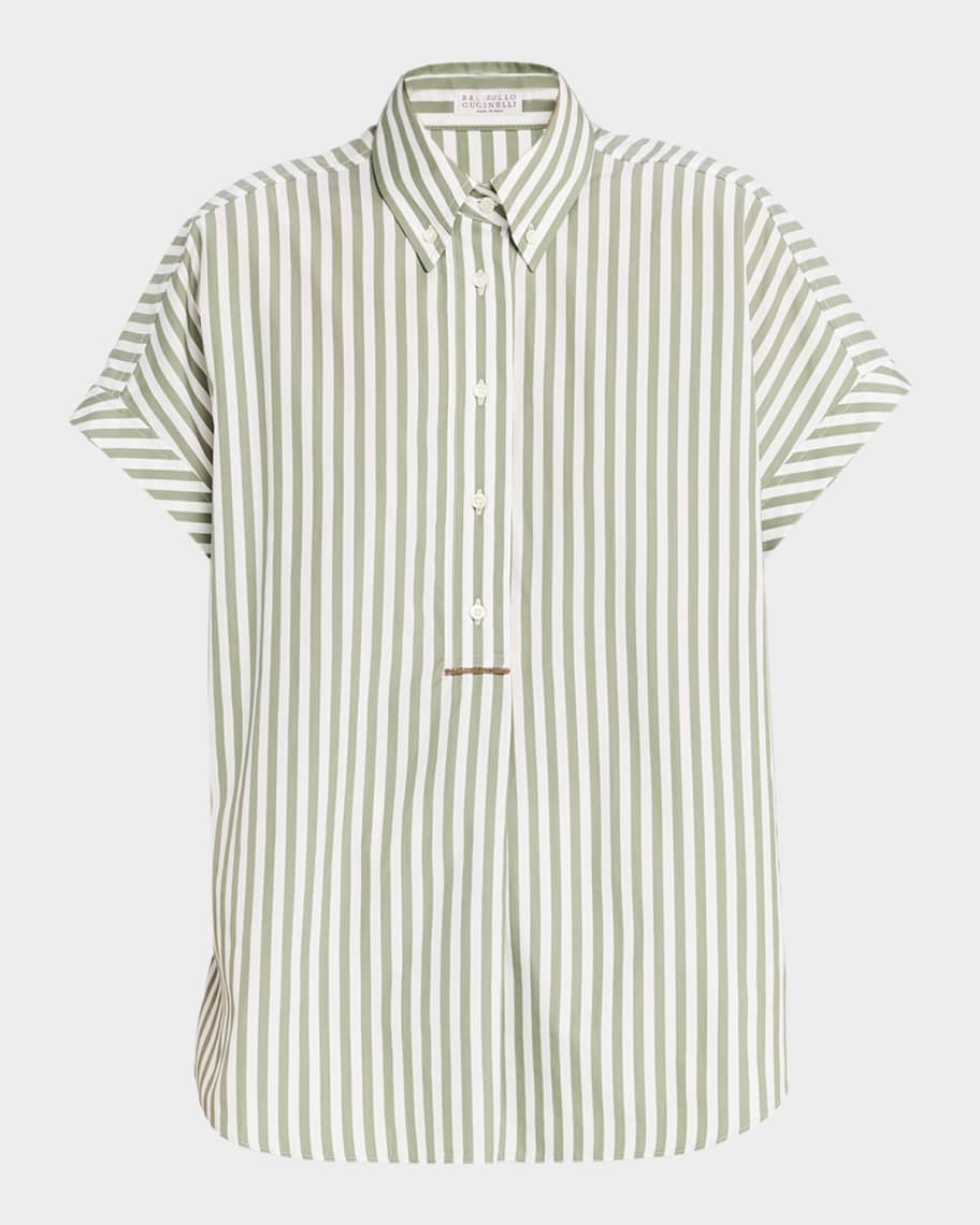 Brunello Cucinelli Striped Linen Short-Sleeve Collared Shirt