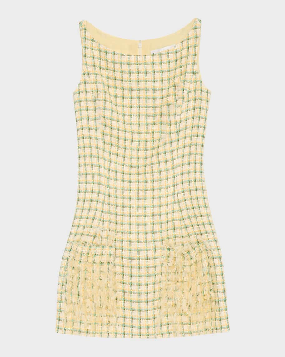 Oscar de la Renta Embellished-Pocket Check Tweed Sleeveless Mini