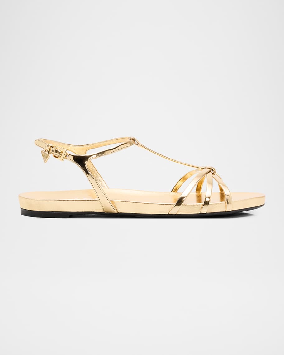 Prada Strappy Metallic Leather Flat Sandals | Neiman Marcus