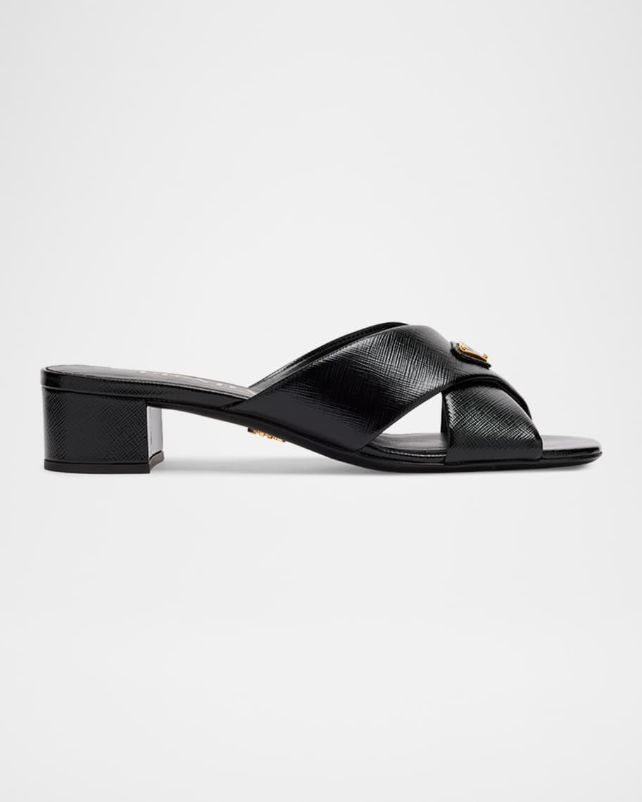 Prada 35mm Triangle Logo Metallic Leather Mule Sandals | Neiman Marcus