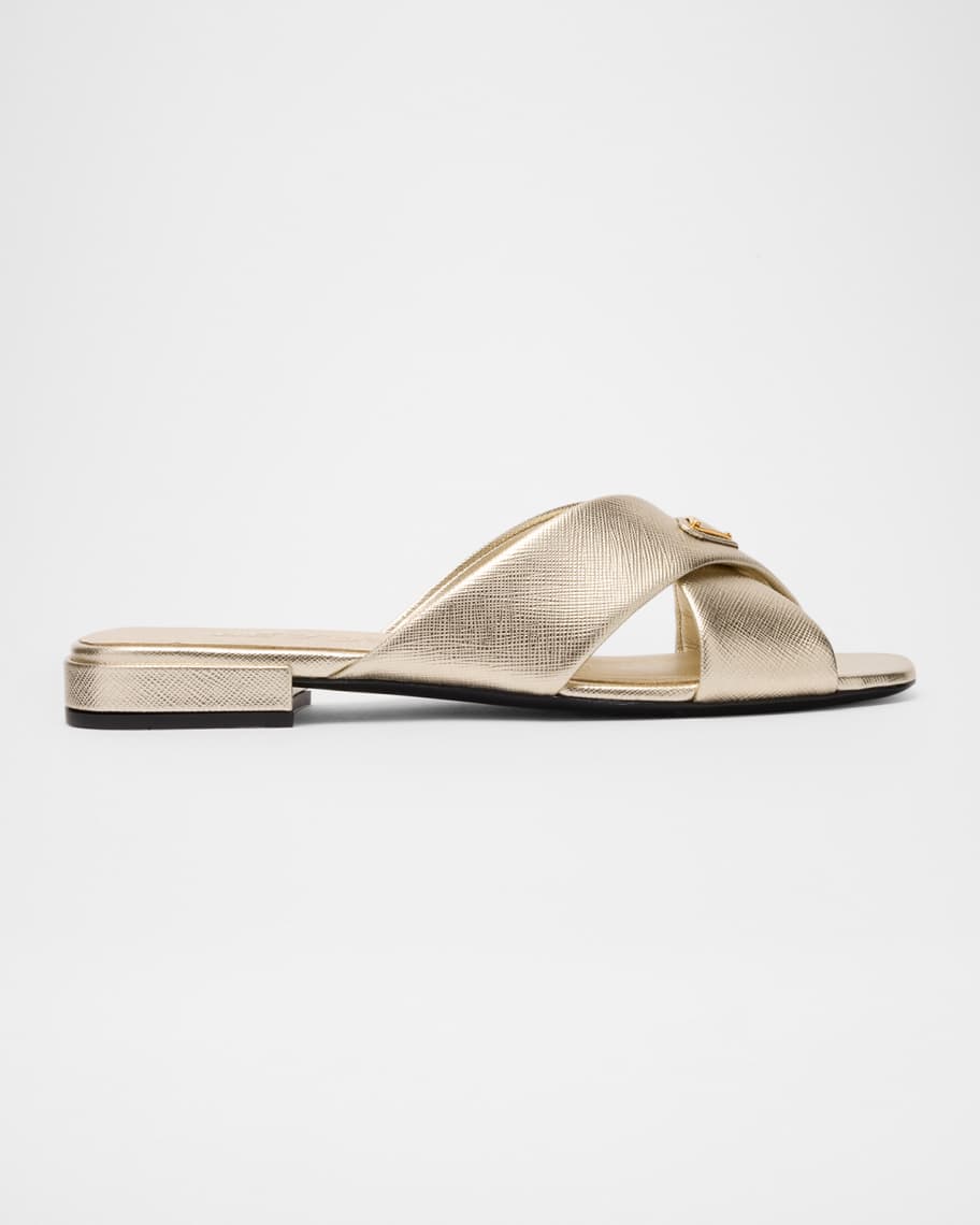 Prada 35mm Triangle Logo Metallic Leather Mule Sandals | Neiman Marcus