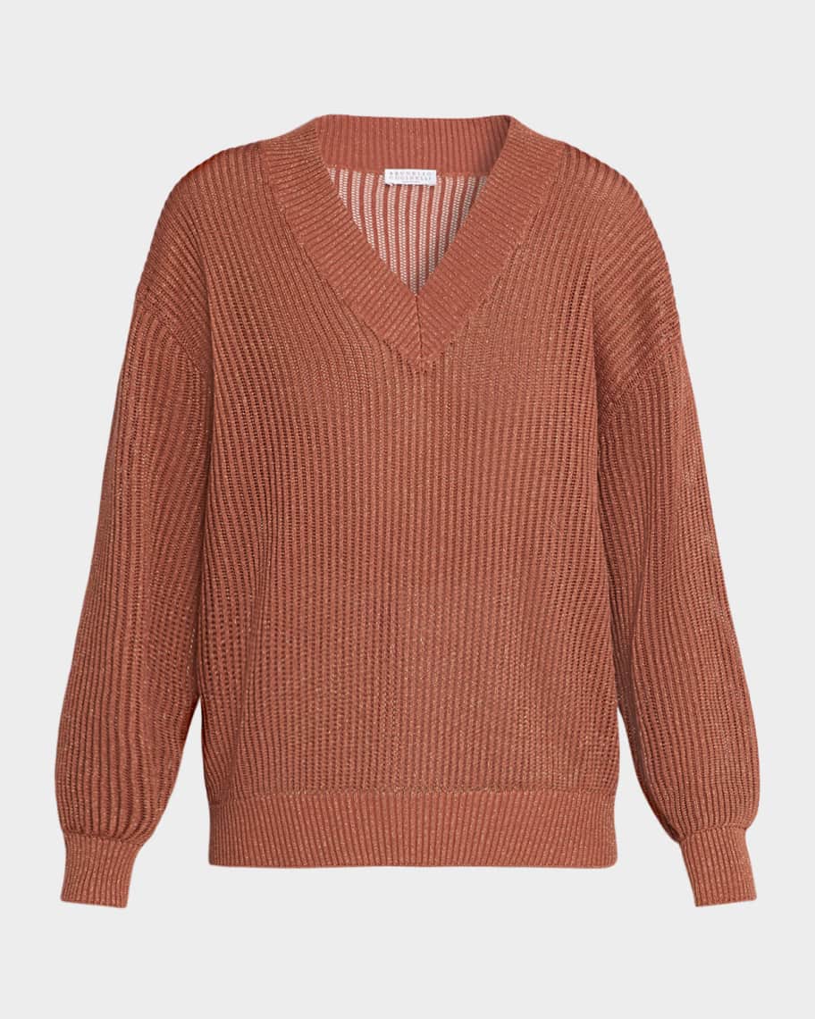 Brunello Cucinelli Metallic Open Rib V-Neck Sweater | Neiman Marcus