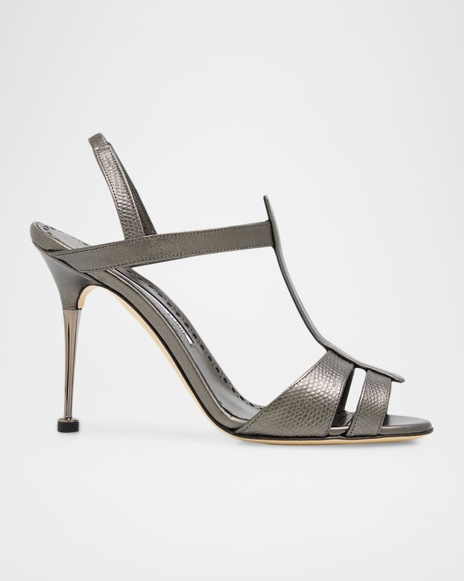Manolo Blahnik 70mm Retaux Metallic Leather Sandals | Neiman Marcus