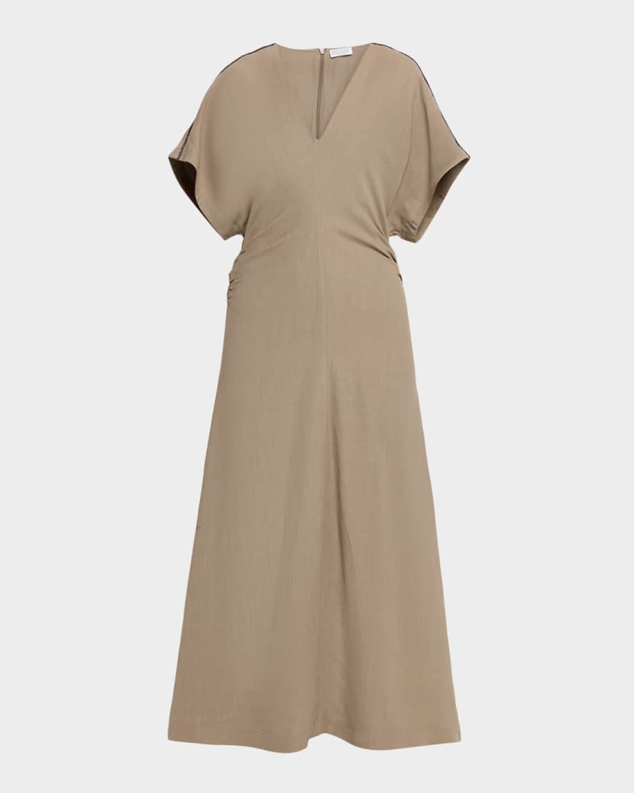 Brunello Cucinelli Monili-Trim Fluid Linen Twill Short-Sleeve Midi