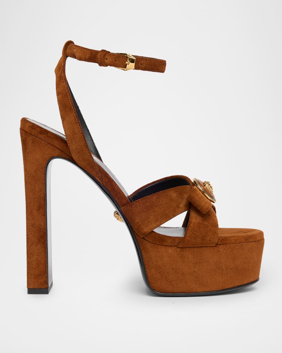 Versace 140mm Gianni Ribbon Suede Platform Sandals | Neiman Marcus