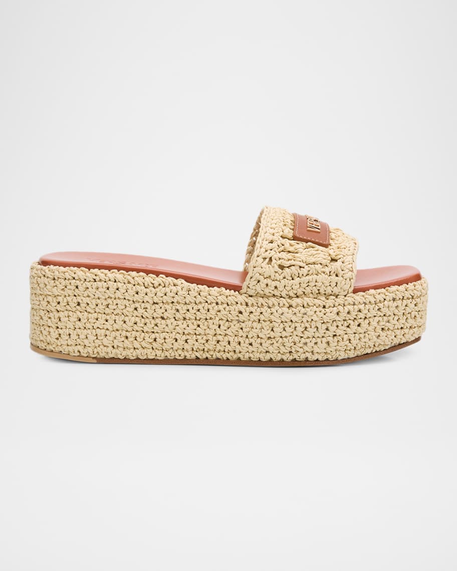 m22310★Versace★サスペンダー・ゴムベルト・背面クロス・男女可 Versace 55mm Logo Tag Raffia Platform Sandals | Neiman Marcus