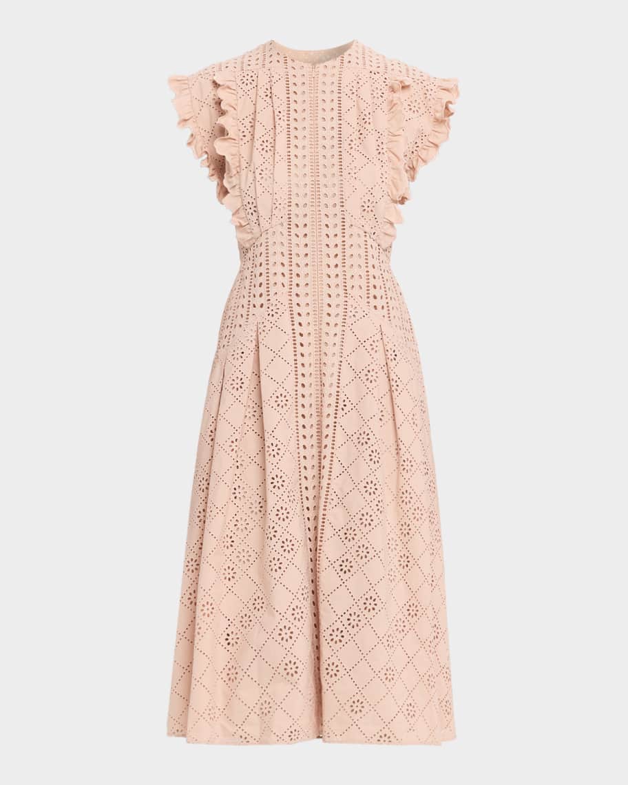 Alberta Ferretti Eyelet Cotton Flared Midi Dress | Neiman Marcus