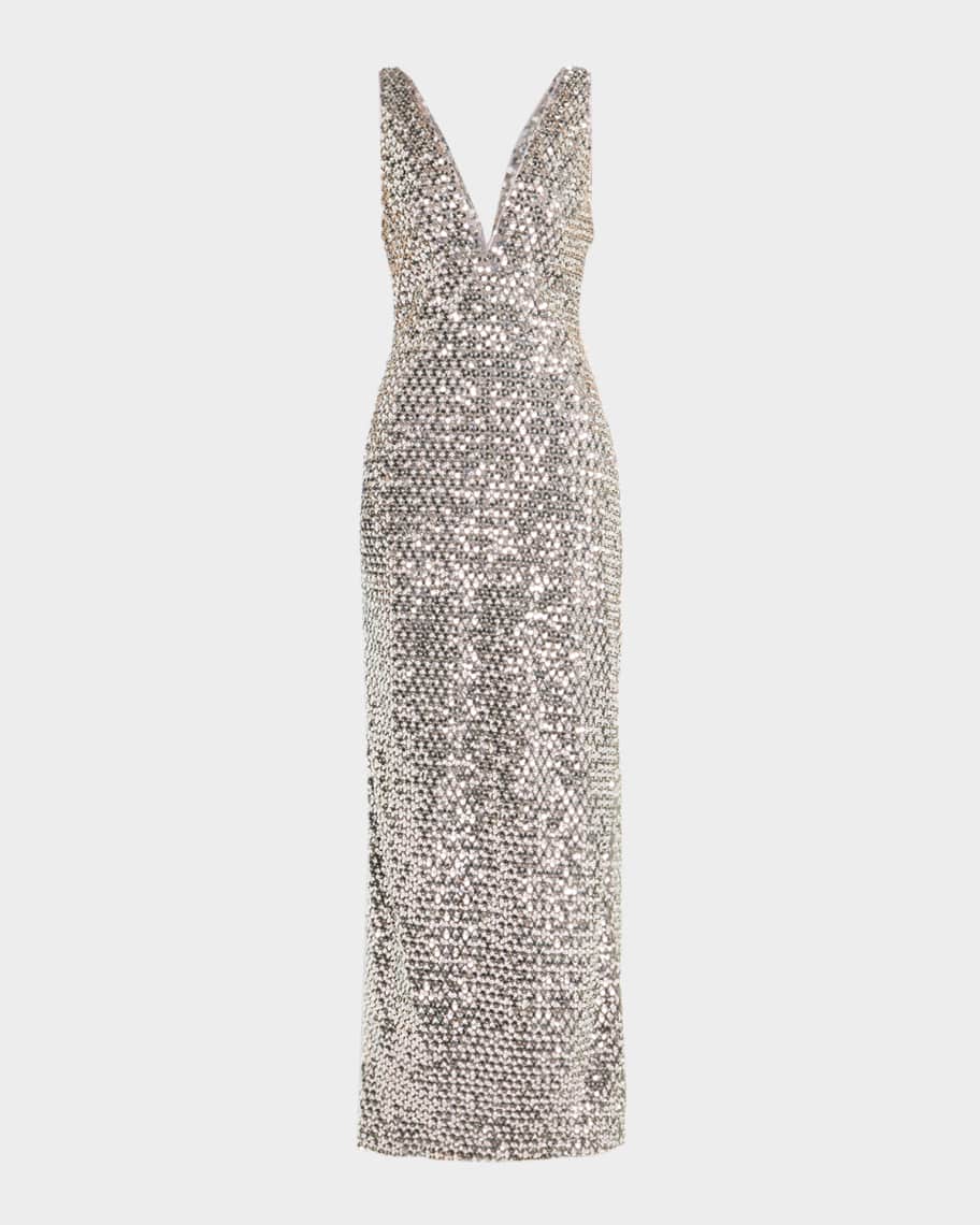sequin dress neiman marcus Ramy Brook Ellie Deep V-Neck Bead & Sequin Column Gown
