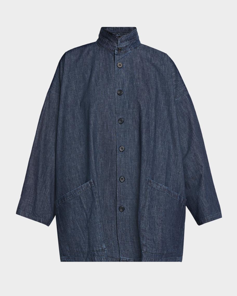 Eskandar Cotton Denim Angle To Front Double Stand Collar Jacket