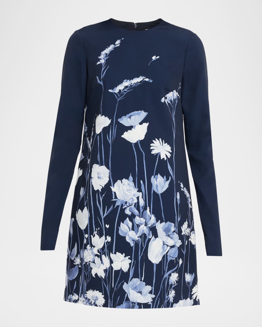 Lela Rose Floral Crepe Long-Sleeve Mini Dress | Neiman Marcus