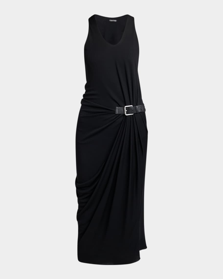 TOM FORD Buckle Gathered Crepe Jersey Sleeveless Midi Dress