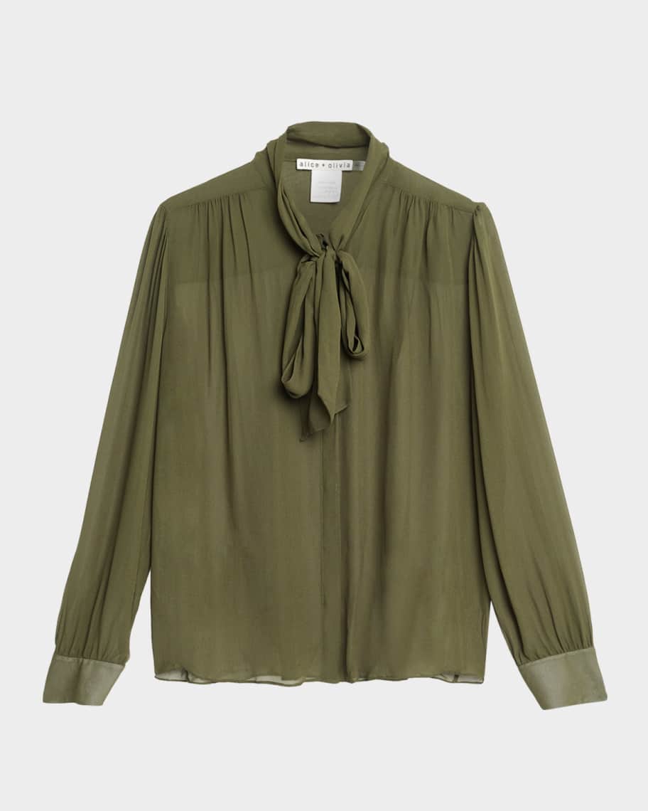 ALICE + OLIVIA Thayer Tie-Neck Sheer Blouse | Neiman Marcus