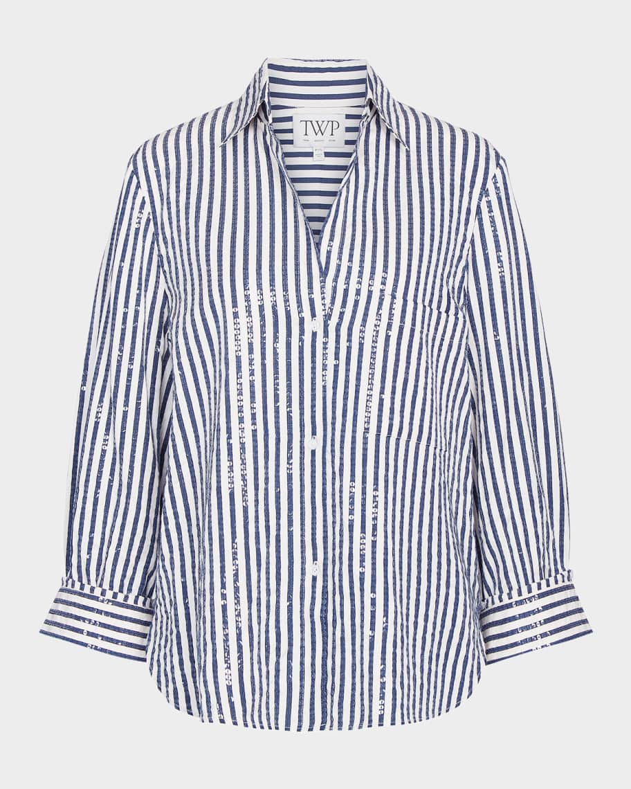 TWP Next Morning Sequined Stripe Button-Front Shirt | Neiman Marcus