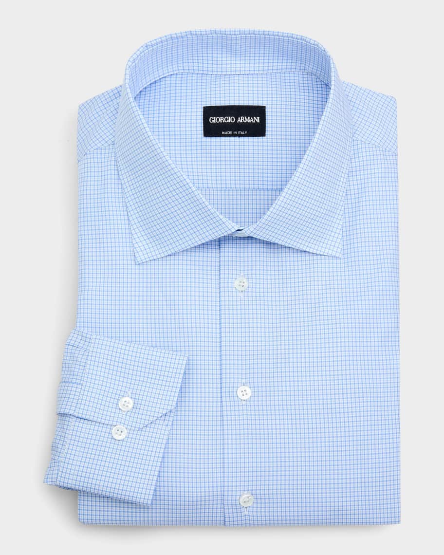 ITALY製 GIORGIO ARMANI 長袖シャツ レーヨン 薄手 水色 M Giorgio Armani Men's Micro-Grid Check Cotton Dress Shirt | Neiman