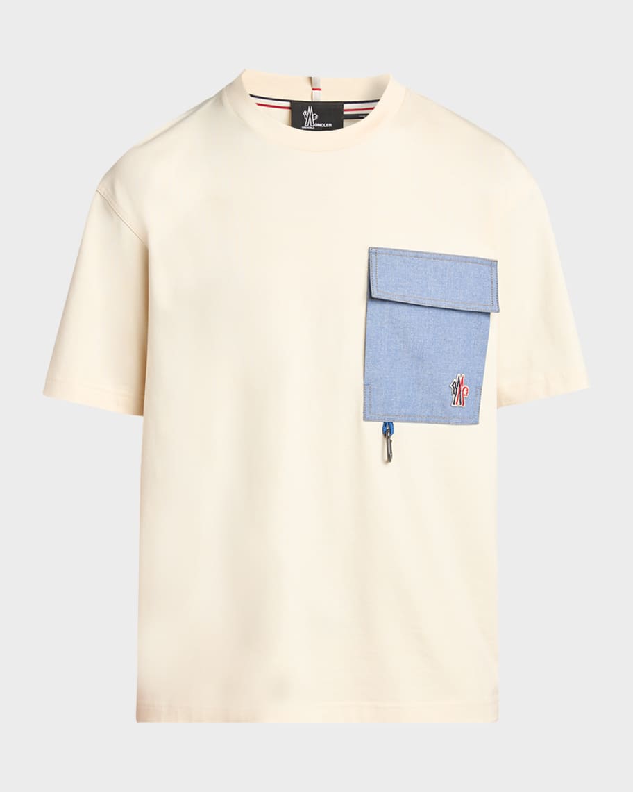 Moncler Grenoble Men's Denim Pocket Cotton T-Shirt with Clip