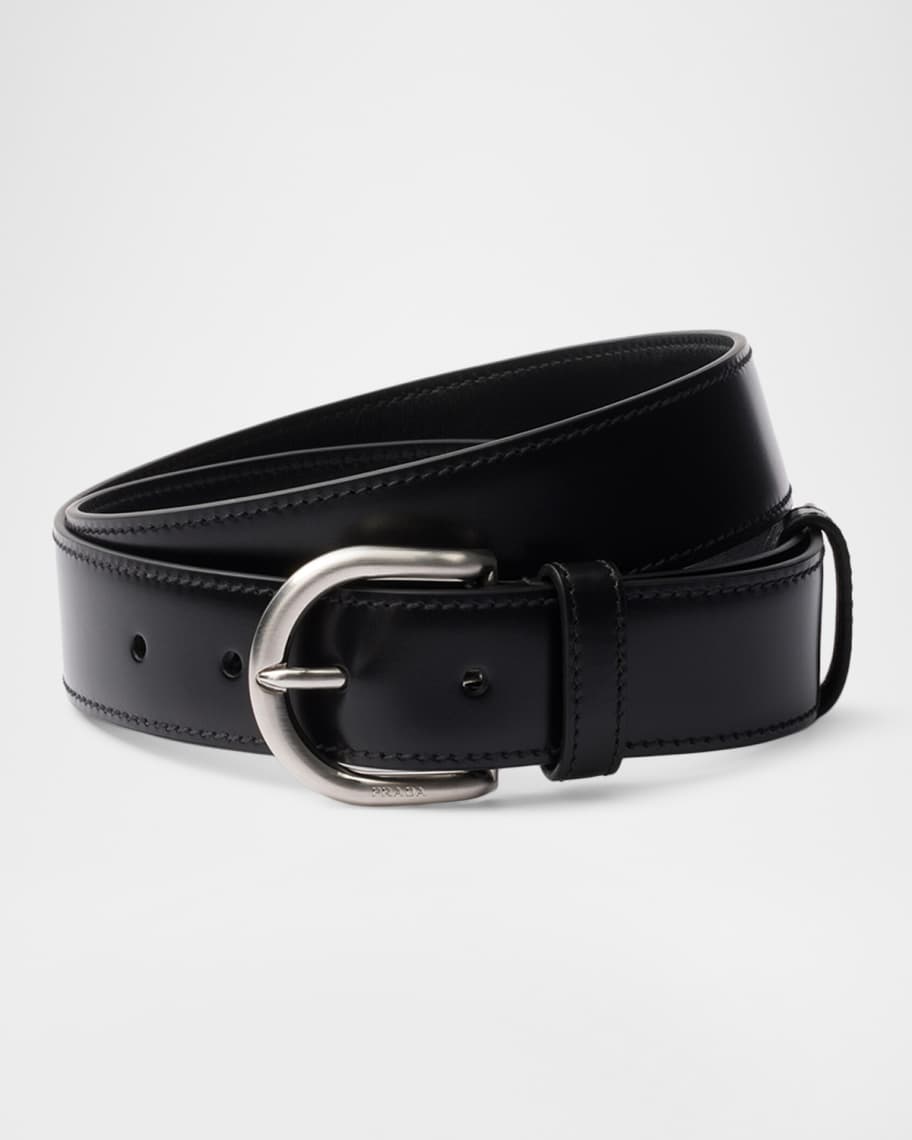 PRADA ブラックレザーベルト ロゴプレート付き Prada Men's Leather Logo-Engraved Buckle Belt | Neiman Marcus