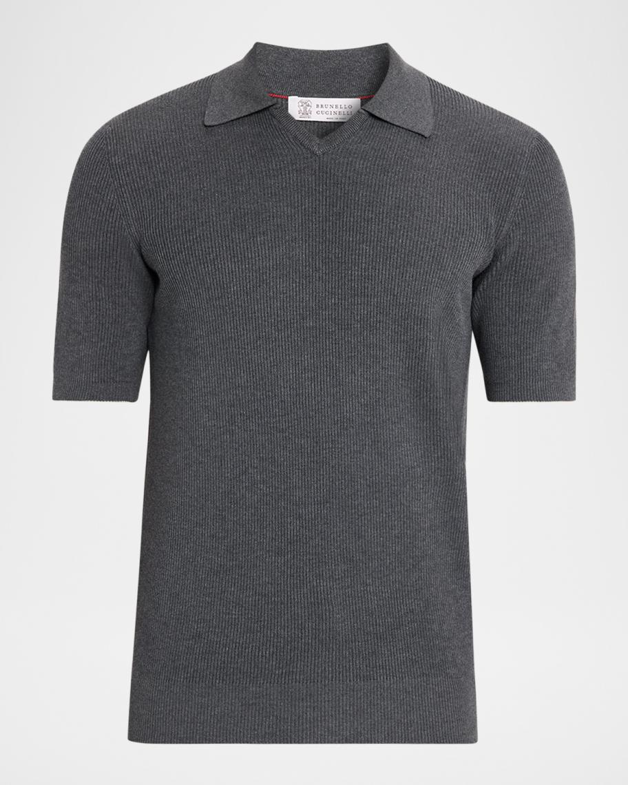 Brunello Cucinelli Men's Cotton Rib Johnny Collar Polo Sweater