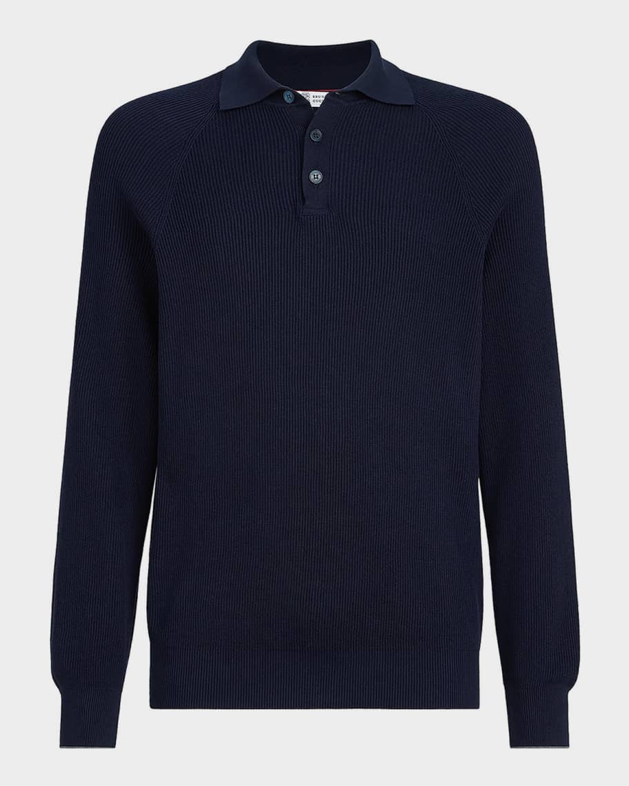 Brunello Cucinelli Men's Cotton English Rib Knit Polo Sweater