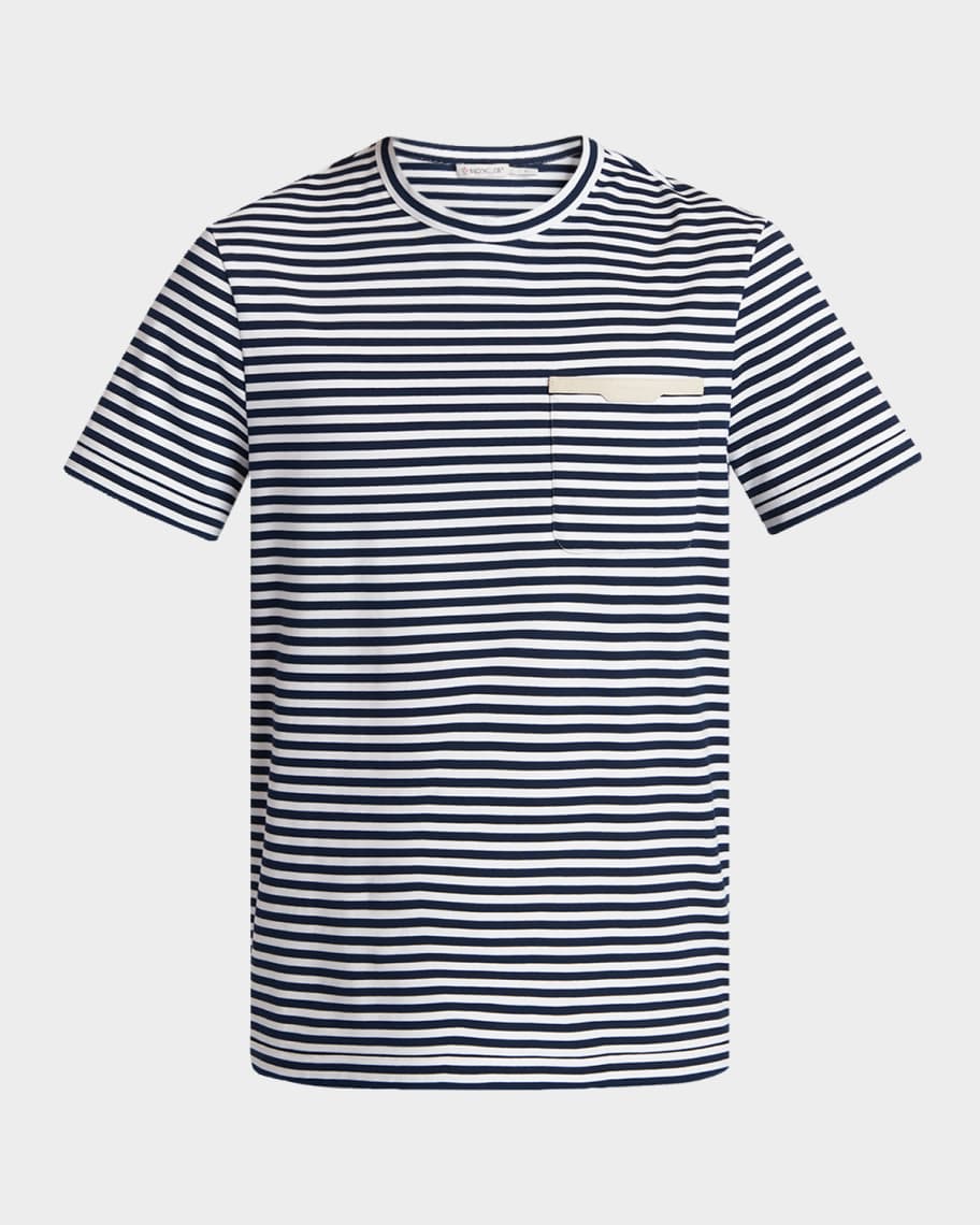 Moncler Men's Stripe Leather-Trim Pocket T-Shirt | Neiman Marcus