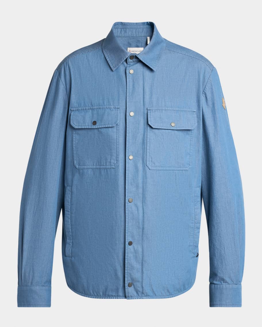 Moncler Men's Denim Snap-Front Shirt with Leather Patch | Neiman