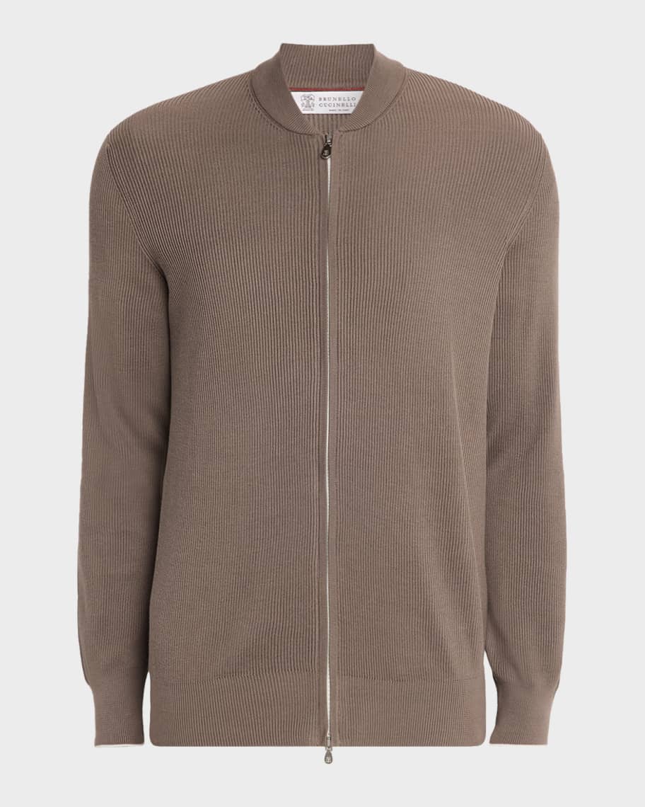 Brunello Cucinelli Men's Cotton Rib Baseball Collar Zip Cardigan