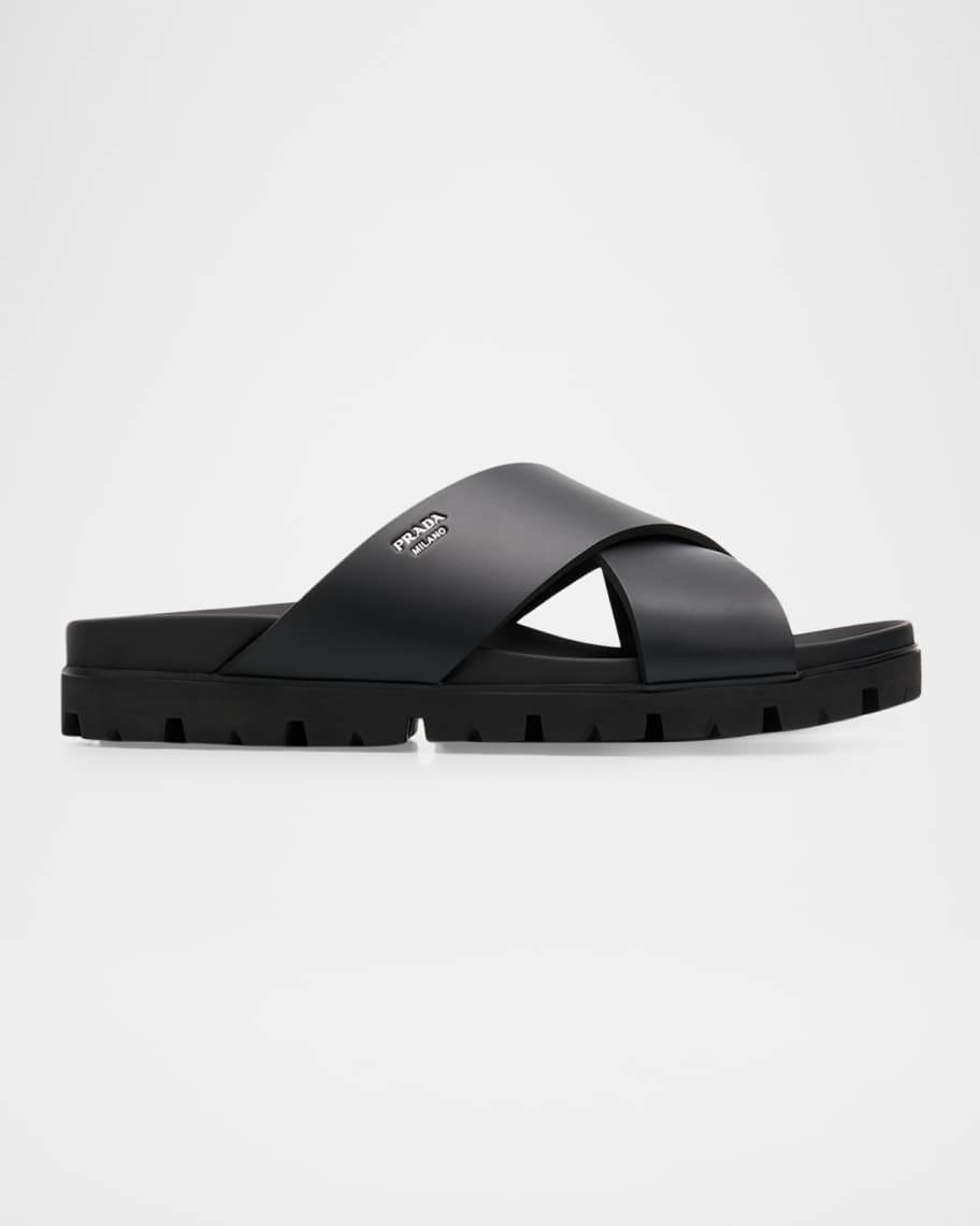 Prada Men's Soft Cage Criss-Cross Rubber Slide Sandals | Neiman Marcus