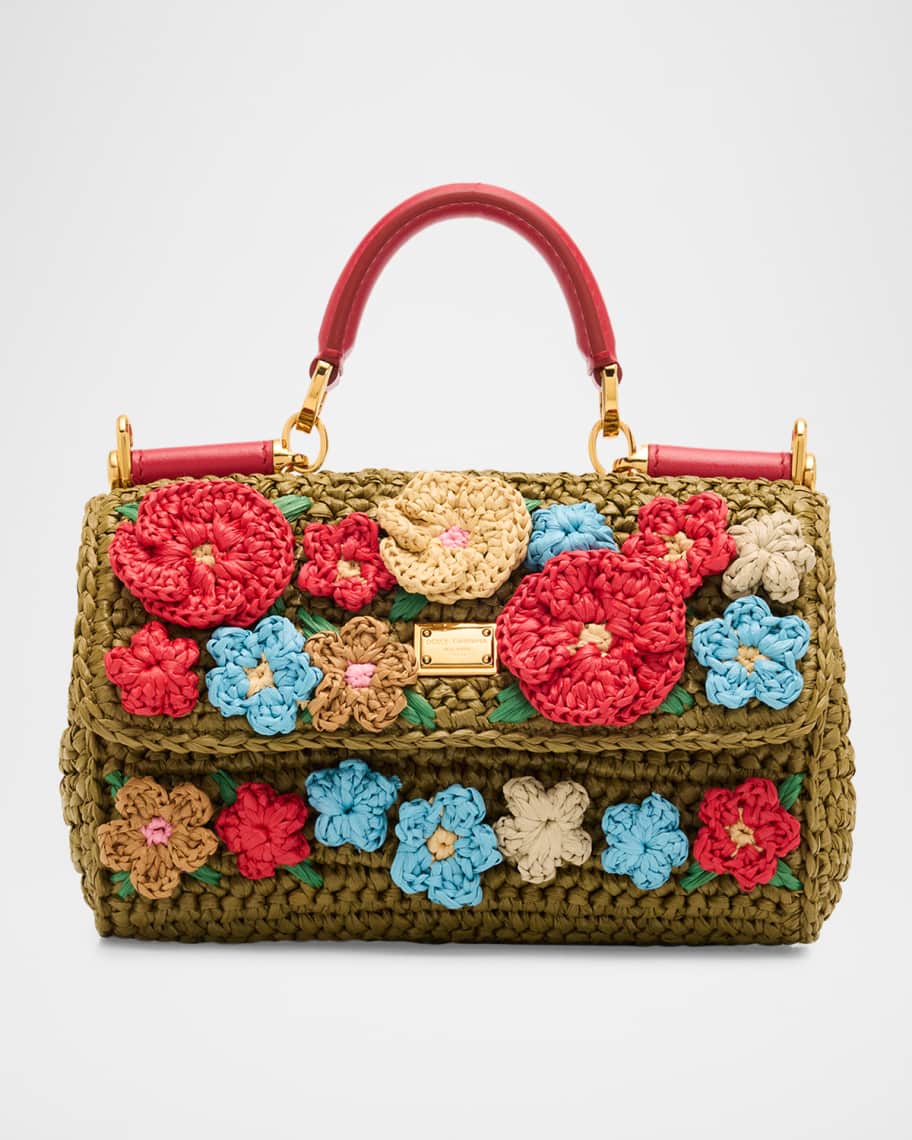 Dolce&Gabbana Floral Applique Crochet Faux Raffia Top-Handle Bag