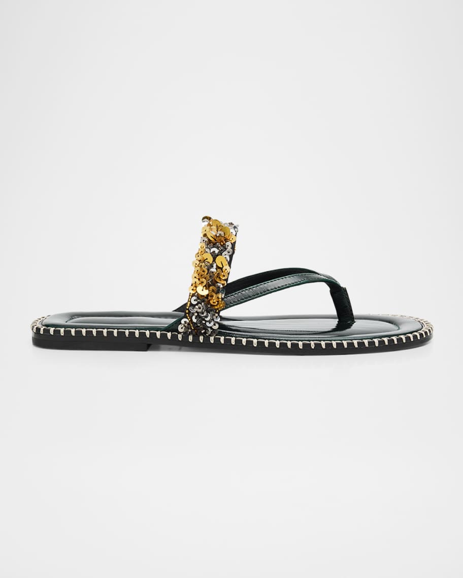 Dries Van Noten Sequined Leather Thong Sandals | Neiman Marcus