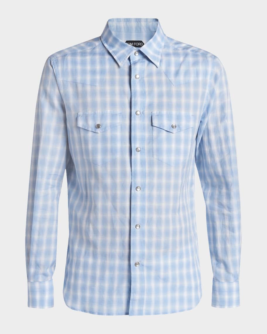 TOM FORD Men's Cotton and Linen Degrade Check Western Shirt