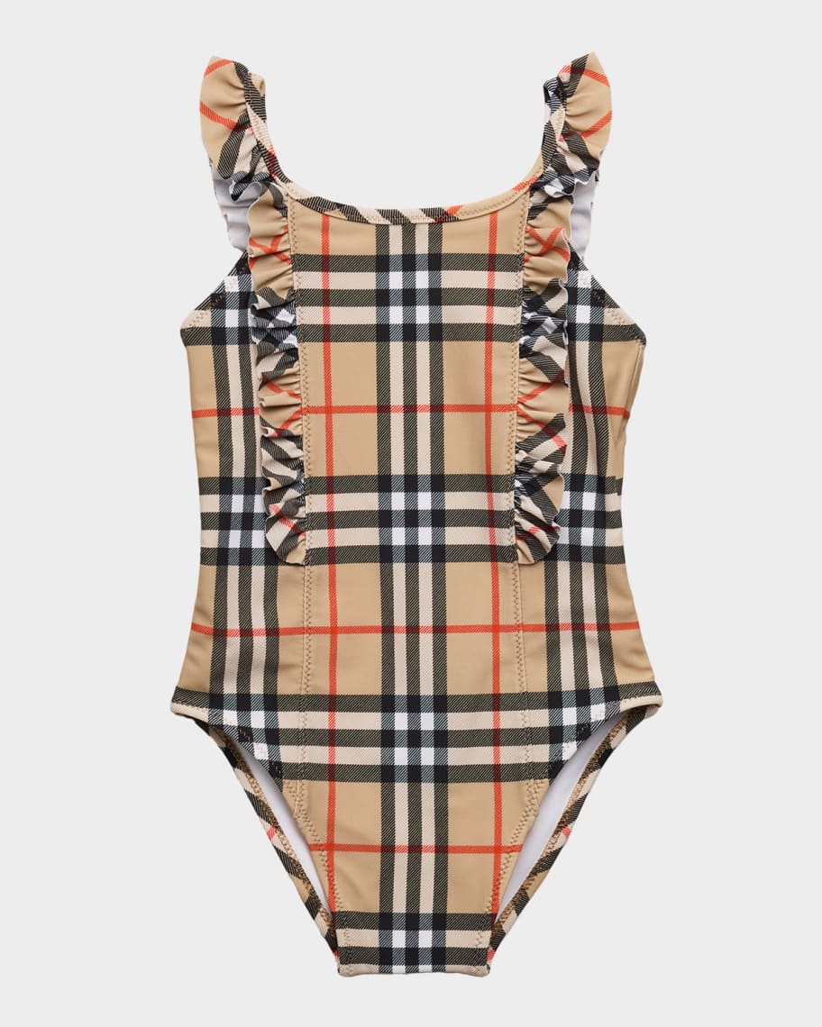 Burberry Girl's Tilly Ruffle-Trim Check One-Piece Swimsuit, Size